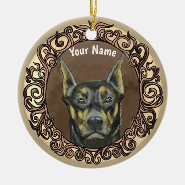 Ornate Doberman custom name ornament (Front)