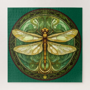 Ornate Dragonfly with Green Floral Frame  Jigsaw Puzzle