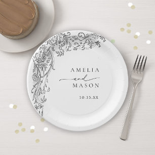 Ornate Elegant Black and White Paper Wedding Paper Plate