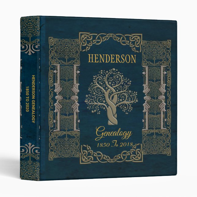 Ornate Elegant Blue Genealogy Family Tree Album Binder (Front/Spine)