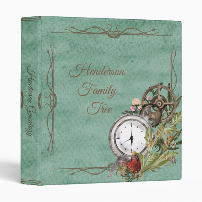 Ornate Elegant Blue Green Genealogy 3 Ring Binder (Front/Spine)
