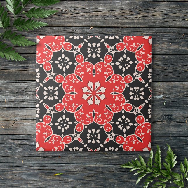 Ornate Elegant Lacy Mosaic Red Black and White Tile (Creator Uploaded)