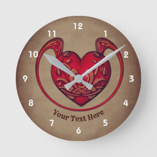 Ornate Elegant Red Heart Design Personalized Round Clock