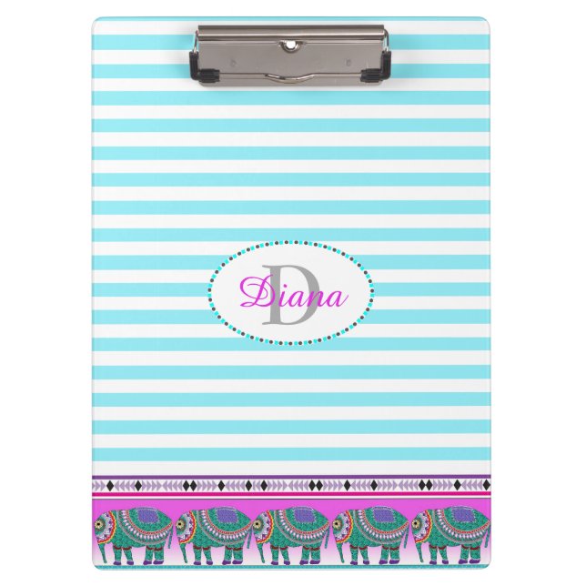 Ornate Elephant Turquoise Stripped Personalized Clipboard (Front)