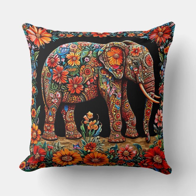 Ornate Elephant With Vibrant Floral Patterns Throw Pillow (Front)