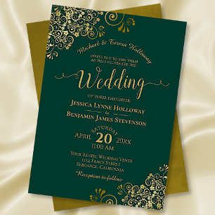 Ornate Emerald Green & Gold Elegant Formal Wedding Invitation