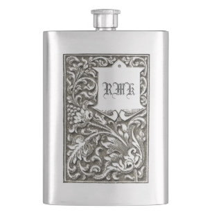 Ornate Engraved Vintage Scrolls Monogram Hip Flask