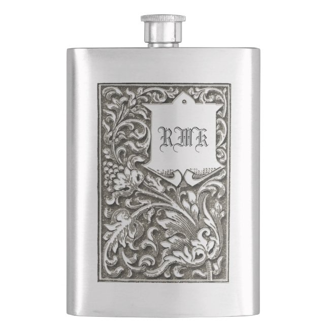 Ornate Engraved Vintage Scrolls Monogram Hip Flask (Front)