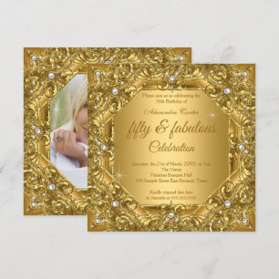 Ornate Fabulous 50th Photo Gold on Gold Party Invitation