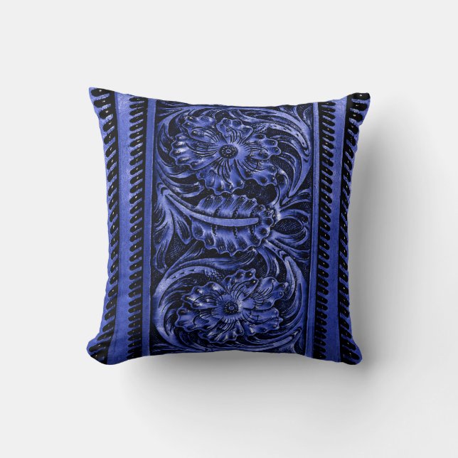 Ornate Faux Tooled Leather Floral | cobalt blue Throw Pillow (Front)