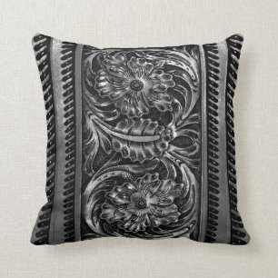 Ornate Faux Tooled Leather Floral gunmetal Throw Pillow