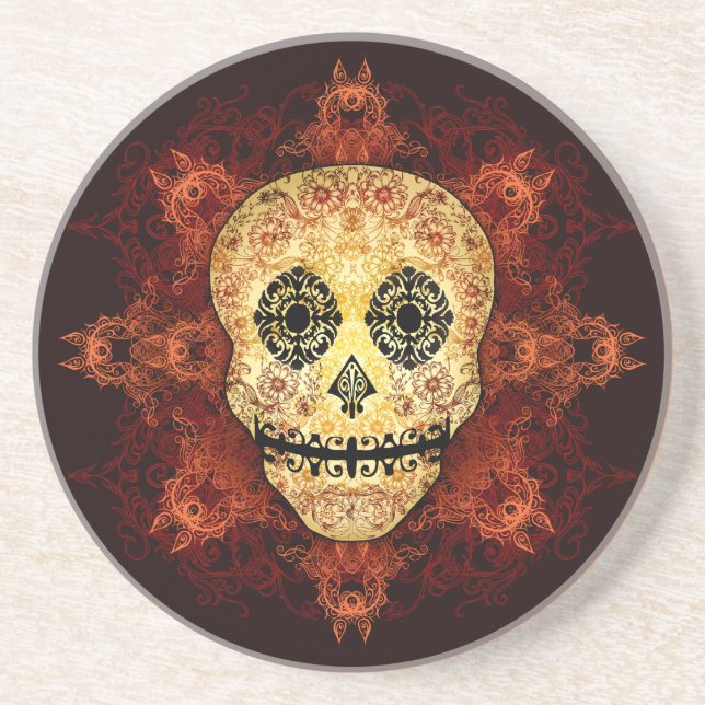 Ornate Flame Sugar Skull Coaster (Front)