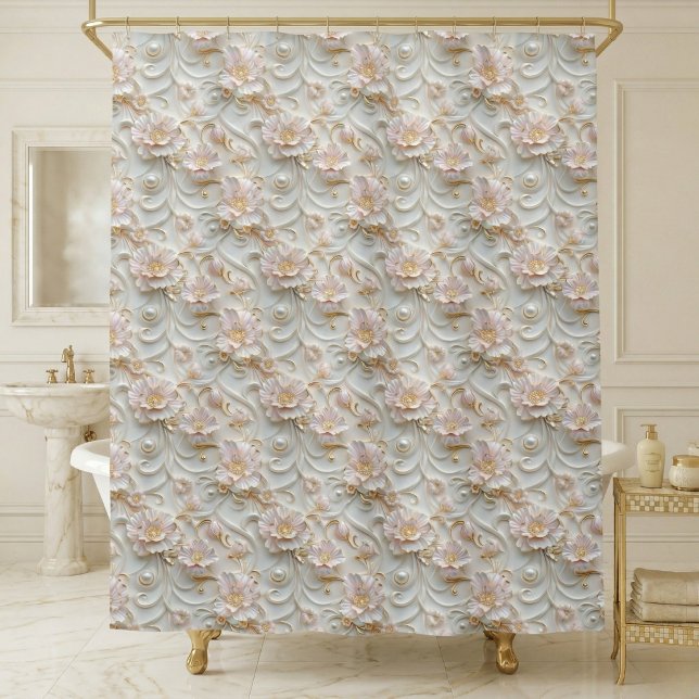 Ornate Floral  (elegant luxury pearl white pale pink floral shower curtain)