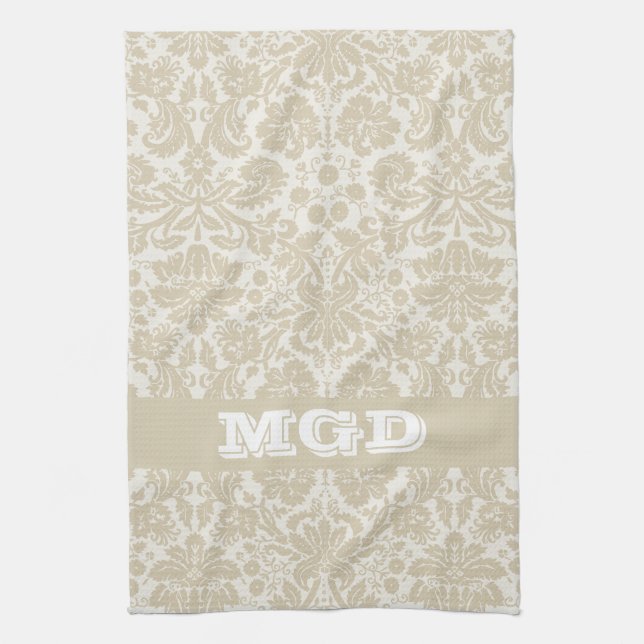 Ornate floral art nouveau pattern beige monogram kitchen towel (Vertical)
