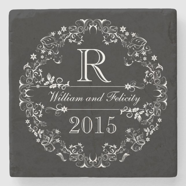 Ornate Floral Chalkboard Monogram Wedding Year Stone Coaster (Front)
