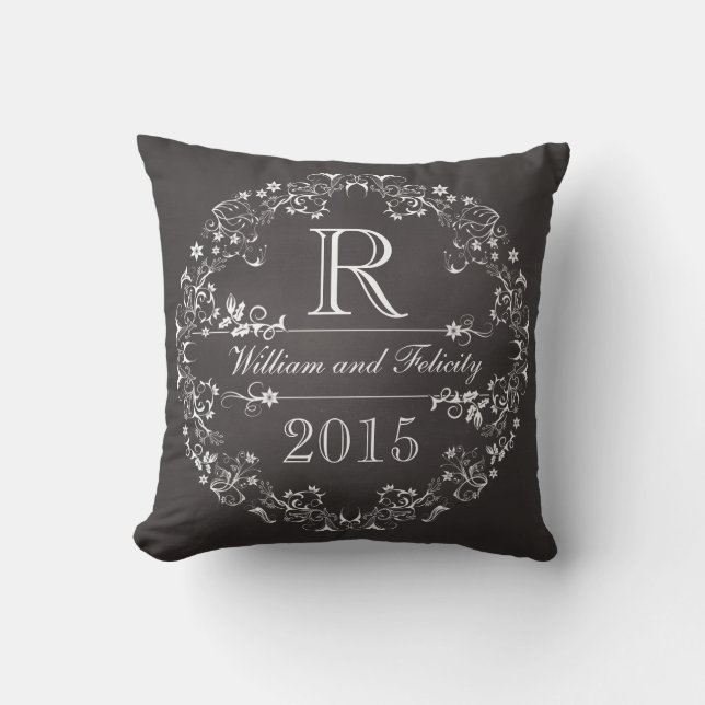 Ornate Floral Chalkboard Monogram Wedding Year Throw Pillow (Front)