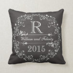 Ornate Floral Chalkboard Monogram Wedding Year Throw Pillow<br><div class="desc">Celebrate the wedding year or anniversary of your favourite bride and groom with this customized keepsake! A fancy,  elegantly detailed white scroll and flower border on a black chalkboard background surrounds a monogram,  couple's names and wedding year. Makes a beautiful,  modern,  personalized gift.</div>