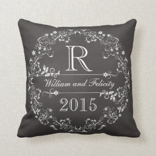 Ornate Floral Chalkboard Monogram Wedding Year Throw Pillow