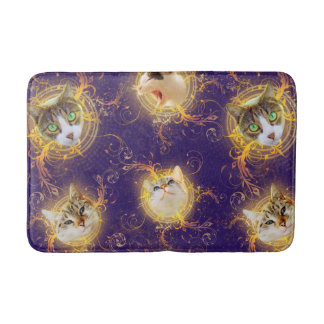 Ornate Floral Damask Cute Kitty Cat - Royal Purple Bath Mat