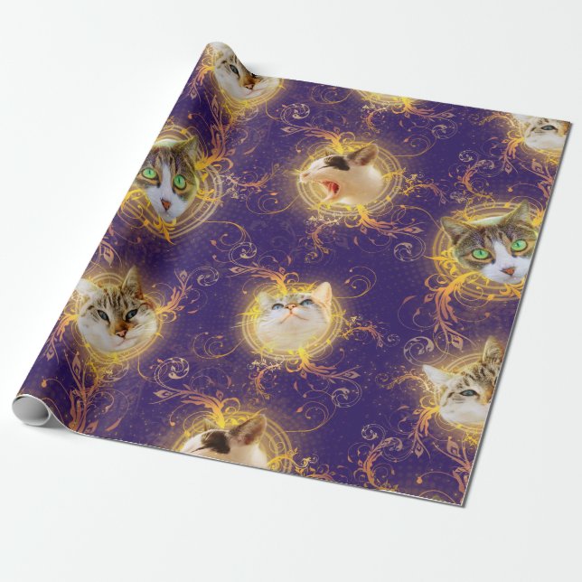 Ornate Floral Damask Cute Kitty Cat - Royal Purple Wrapping Paper (Unrolled)