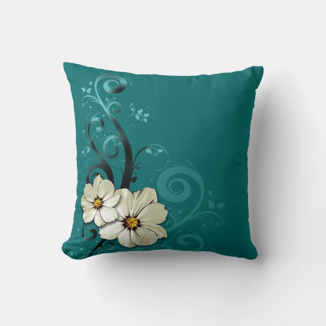 Ornate Floral Flourish Favour | turquoise Throw Pillow (Front)