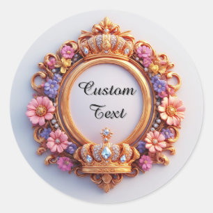 Ornate Floral Frame With Jewelled Crown Classic Round Sticker