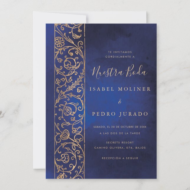 Ornate Floral Gold Blue Nuestra Boda Wedding Invitation (Front)