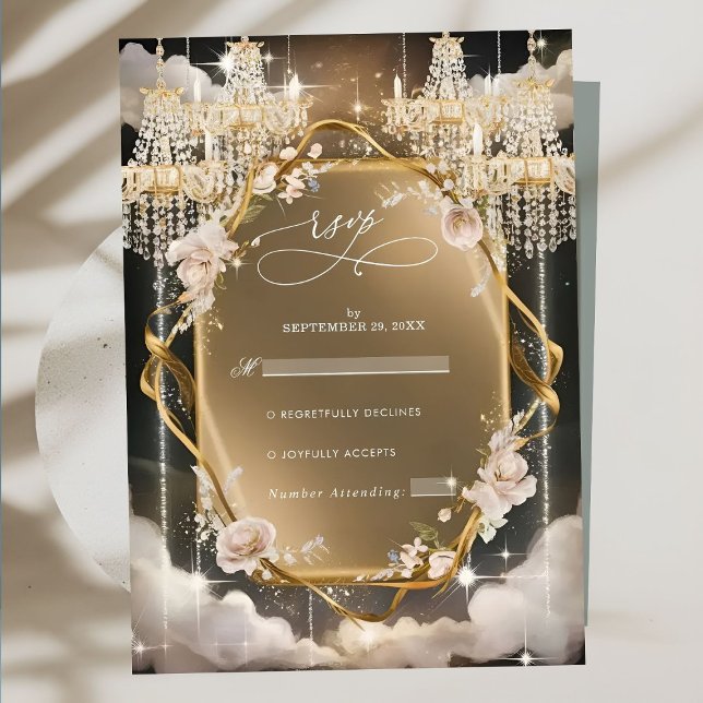 Ornate Floral Golden Chandelier Wedding RSVP Card (Creator Uploaded)
