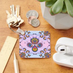 Ornate Floral Harmony, Blue Bliss Keychain