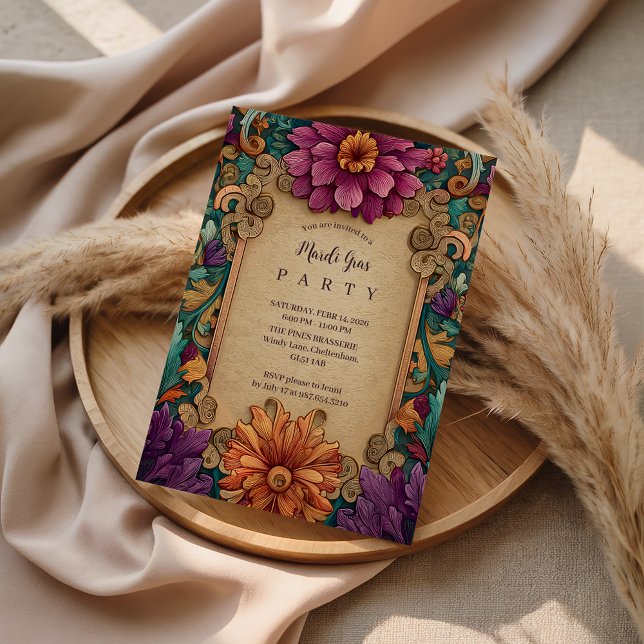 Ornate Floral Mardi Gras Masquerade Invitation (Creator Uploaded)