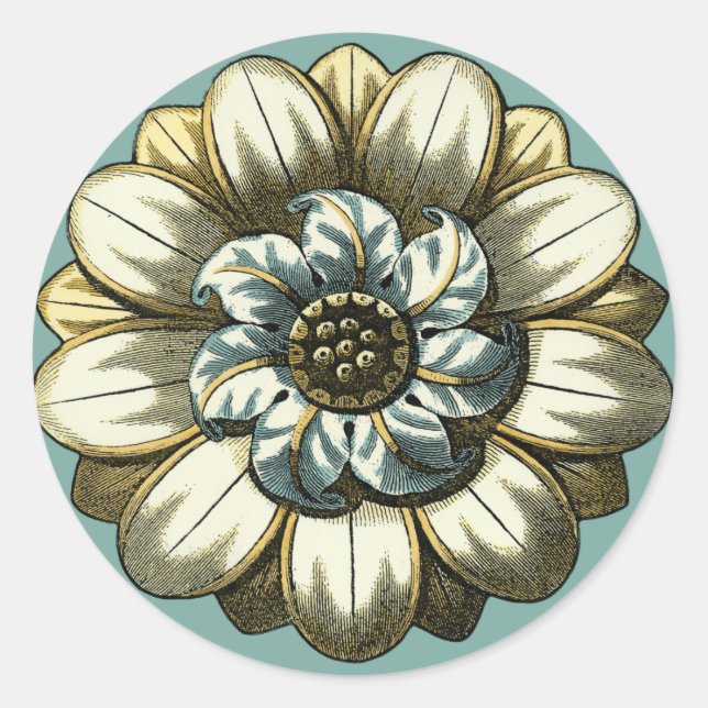 Ornate Floral Medallion on Light Blue Background Classic Round Sticker (Front)
