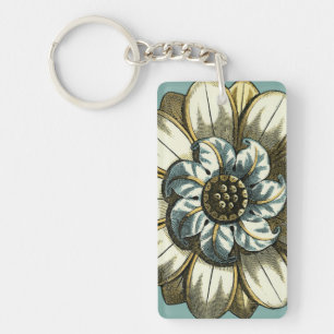 Ornate Floral Medallion on Light Blue Background Keychain