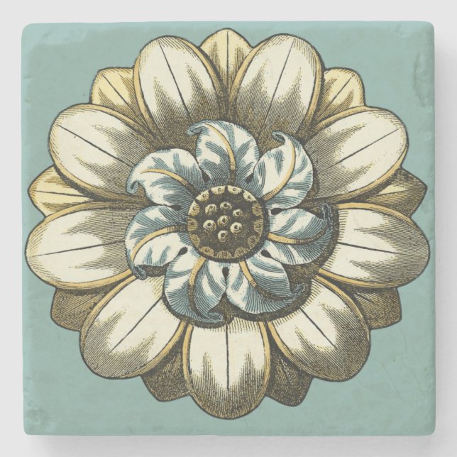 Ornate Floral Medallion on Light Blue Background Stone Coaster (Front)
