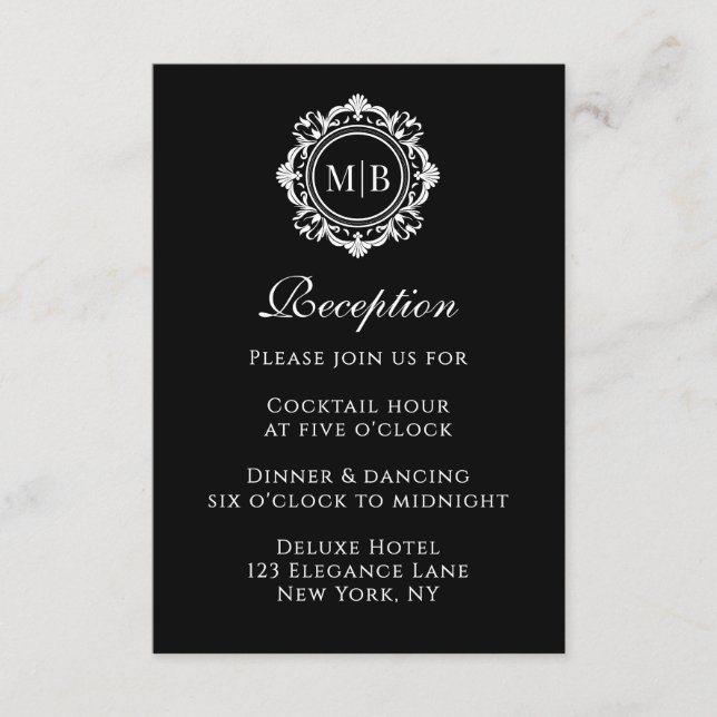 Ornate Floral Monogram Black Reception Wedding Enclosure Card (Front)