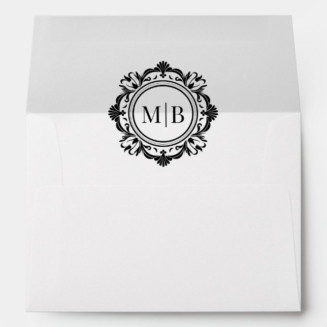Ornate Floral Monogram Black White Wedding Envelope (Back (Bottom))