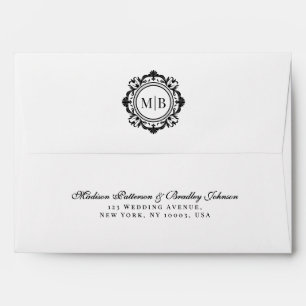 Ornate Floral Monogram Black White Wedding Envelope