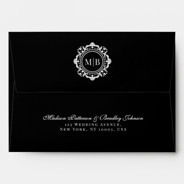 Ornate Floral Monogram Black White Wedding Envelope (Back (Top Flap))
