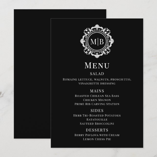 Ornate Floral Monogram Black White Wedding Menu (Front/Back)