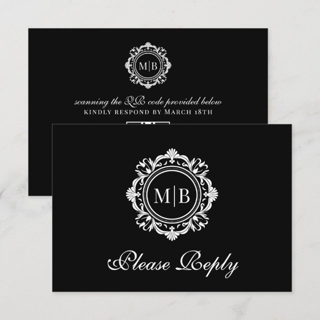 Ornate Floral Monogram Black White Wedding RSVP Card (Front/Back)