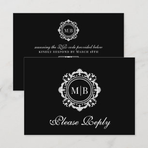 Ornate Floral Monogram Black White Wedding RSVP Card