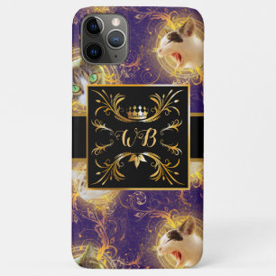 Ornate Floral Monogram Cute Cat - Royal Purple iPhone 11 Pro Max Case