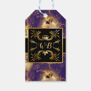 Ornate Floral Monogram Cute Cat - Royal Purple Gift Tags