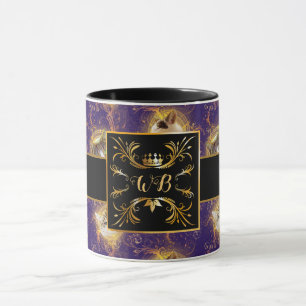 Ornate Floral Monogram Cute Cat - Royal Purple Mug
