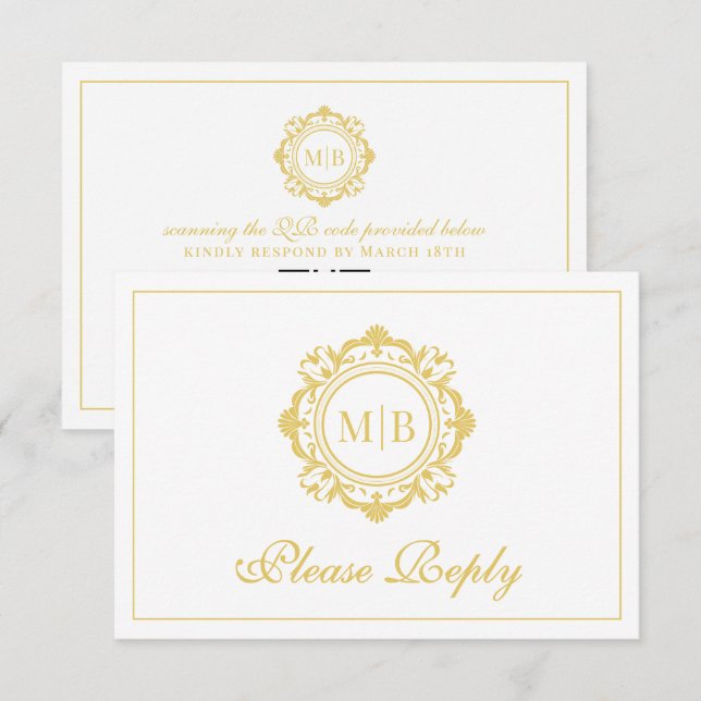 Ornate Floral Monogram Gold Wedding RSVP Card (Front/Back)