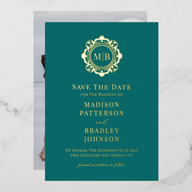 Ornate Floral Monogram Photo Wedding Save The Date (Front/Back)