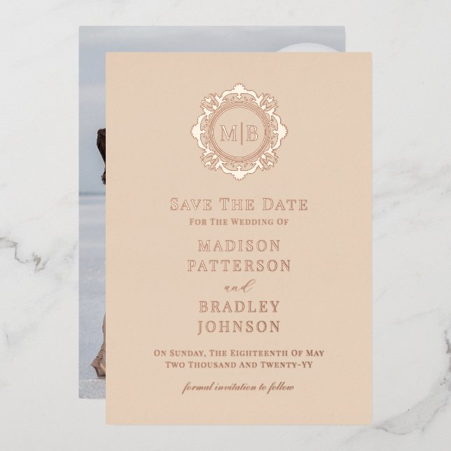 Ornate Floral Monogram Photo Wedding Save The Date (Front/Back)