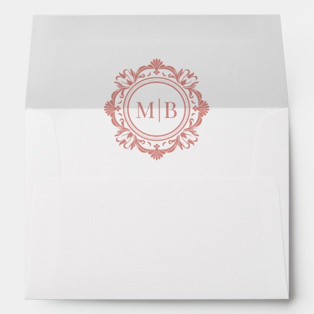 Ornate Floral Monogram Rose Gold Wedding Envelope (Back (Bottom))