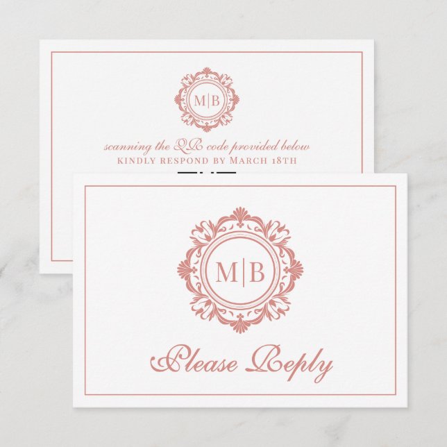 Ornate Floral Monogram Rose Gold Wedding RSVP Card (Front/Back)