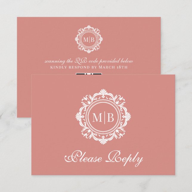 Ornate Floral Monogram Rose Gold Wedding RSVP Card (Front/Back)