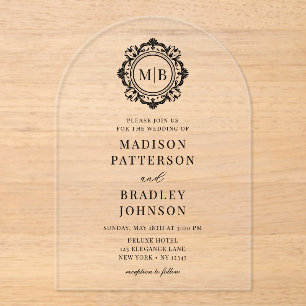 Ornate Floral Monogram Wedding Elegant Black Acrylic Invitations